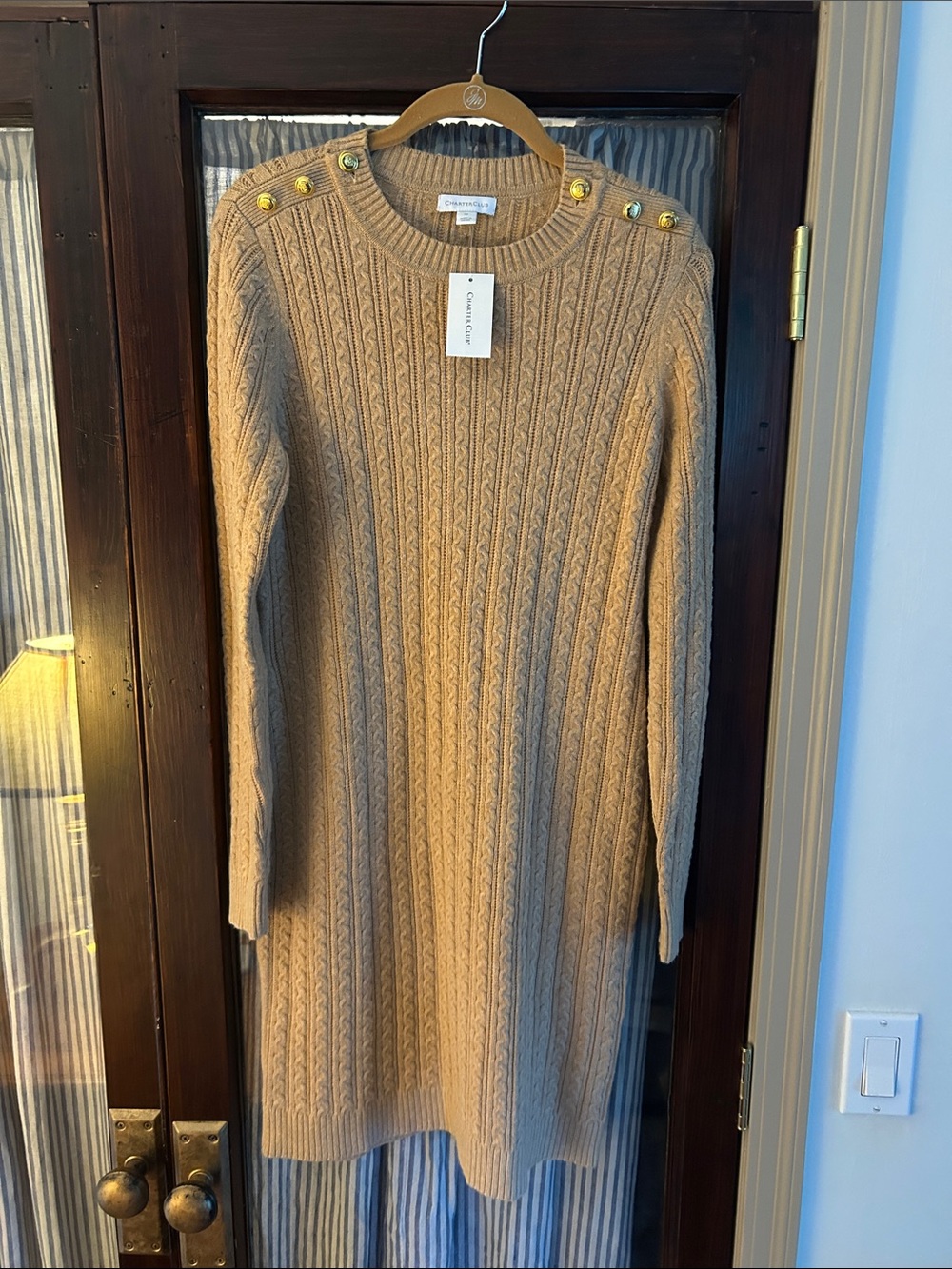 Charter Club Camel Cable-Knit Long-Sleeve Dress with Shoulder Buttons